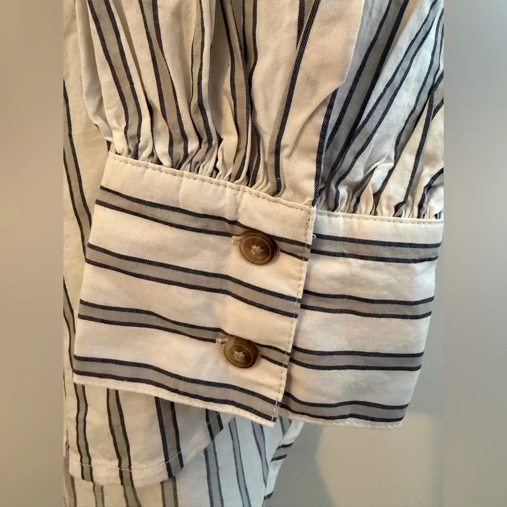 Striped White and Black Button-Up Peasant Blouse